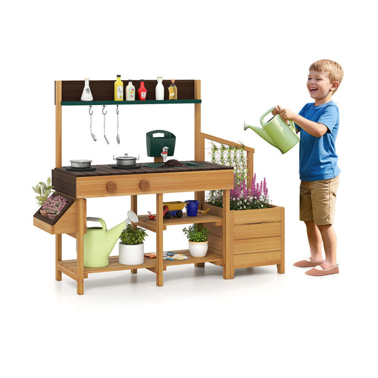 Wooden Play Kitchen With Removable Faucet & Planters | Natural