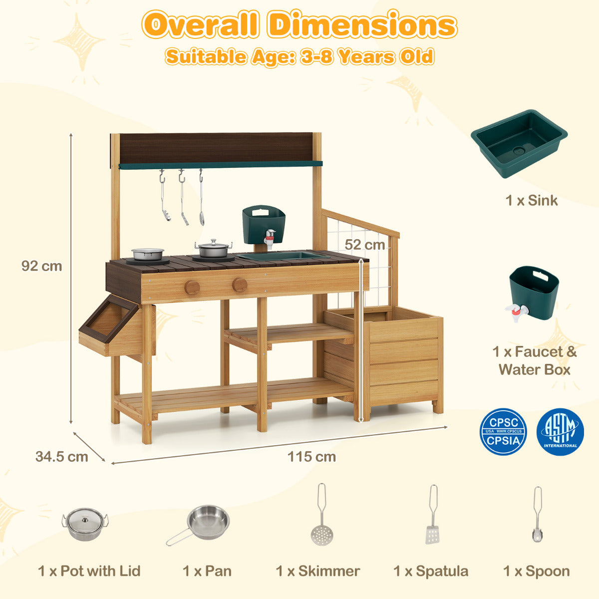 Wooden Play Kitchen With Removable Faucet & Planters | Natural