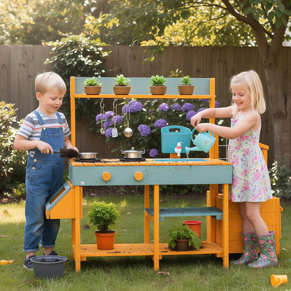 Outdoor Play Kitchen for Kids Wooden Toy Kitchen Playset with Removable Faucet-Yellow
