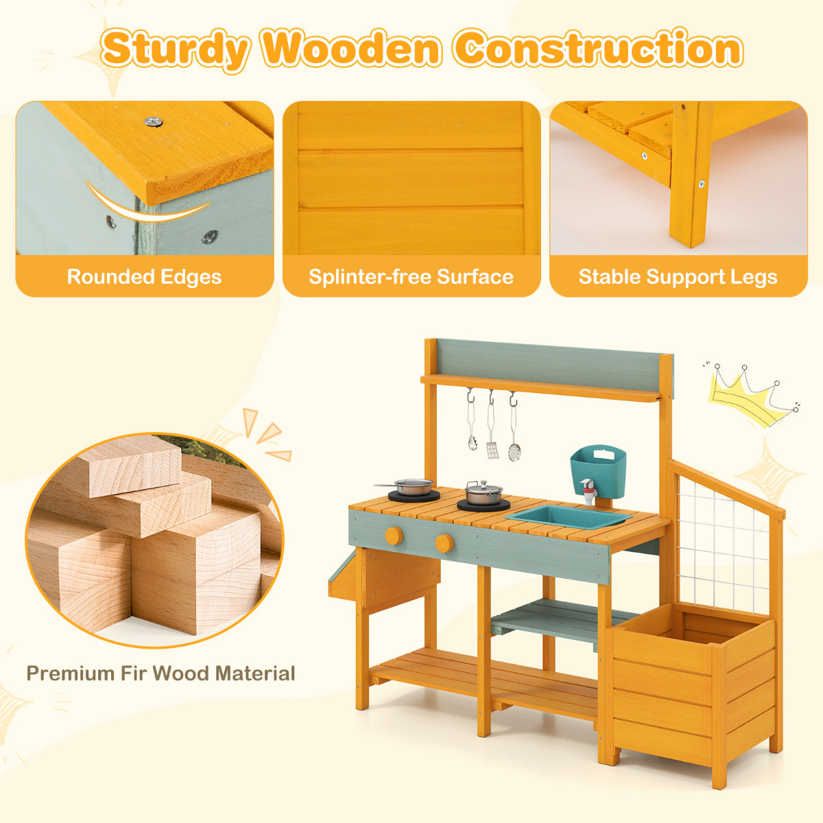 Wooden Outdoor Play Kitchen | Yellow with Planter Boxes & Faucet