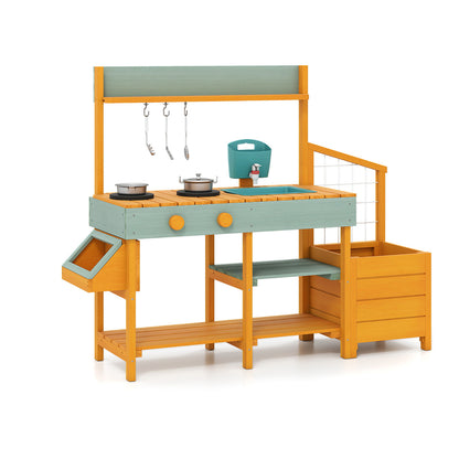 Wooden Outdoor Play Kitchen | Yellow with Planter Boxes & Faucet