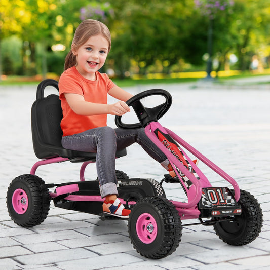 Adjustable seat Pink Pedal Go Kart for Kids 3-6, ideal for fun home rides.