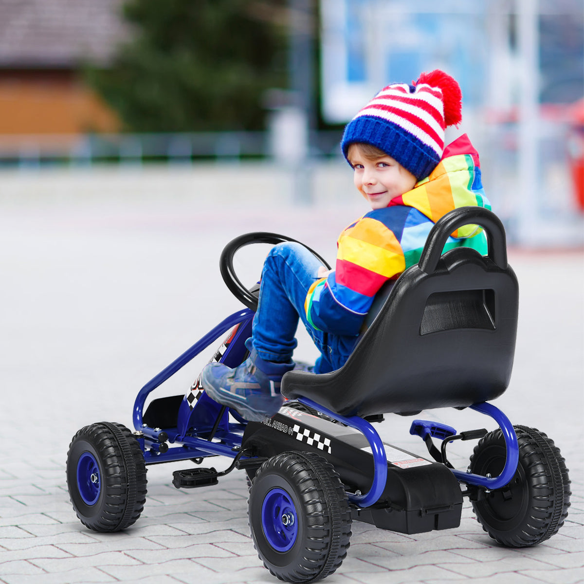 Blue pedal go kart with adjustable seat, ideal for kids aged 3-6 years.