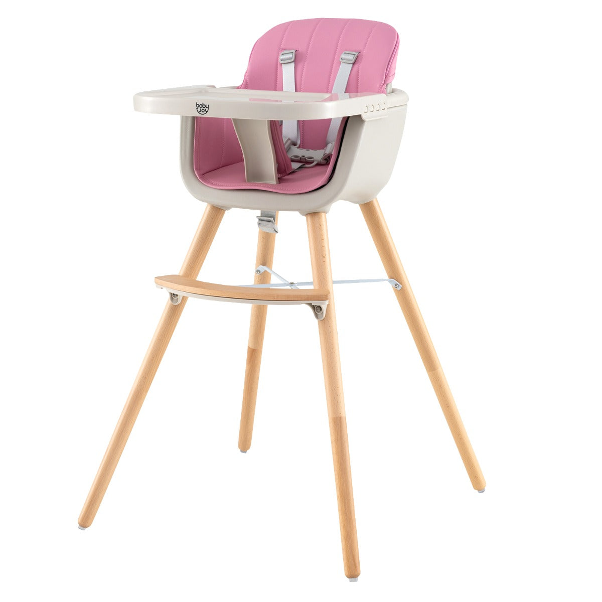 pink wooden high chair transforms into table and chair, featuring removable tray for growing children.