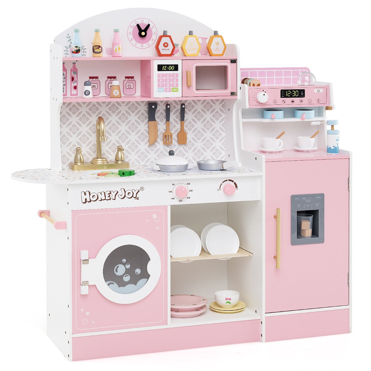 Costway Wooden Kitchen Playset with Clock and Microwave-Pink