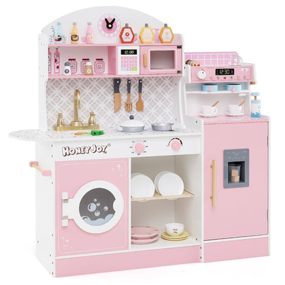 Costway Wooden Kitchen Playset with Clock and Microwave-Pink