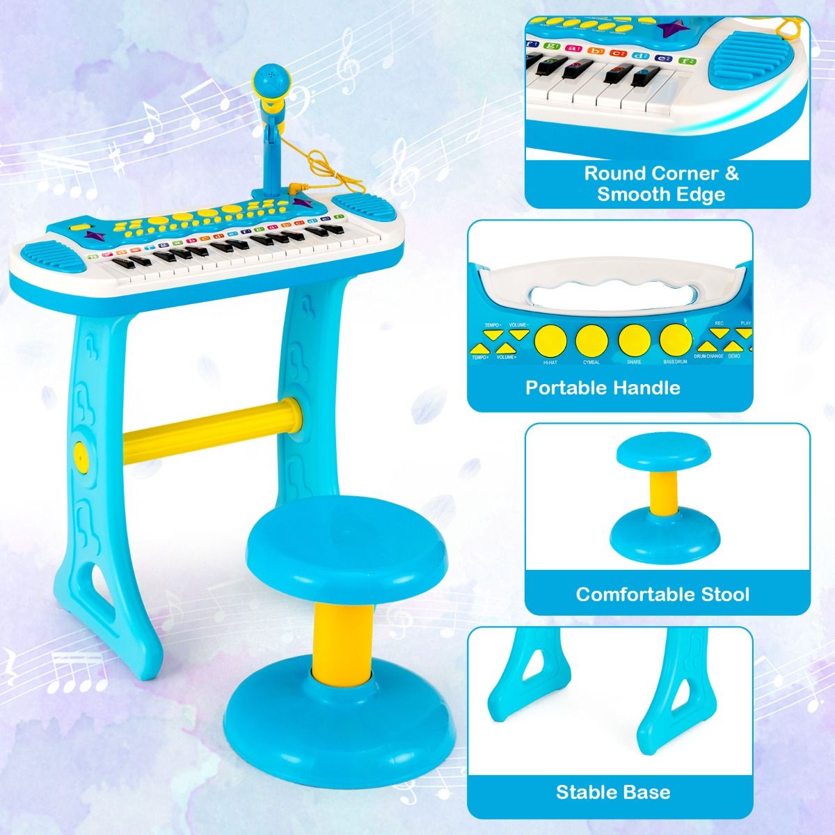 Blue 31-key portable piano keyboard for children includes microphone and stool, perfect for musical learning and play