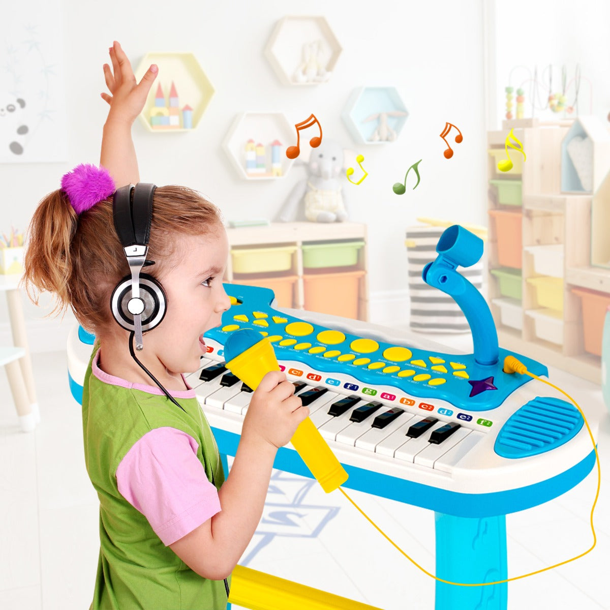 Blue portable 31-key piano keyboard for children includes microphone and stool, perfect for musical play and learning