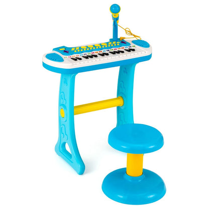 Colorful blue 31-key portable piano keyboard for children includes microphone and stool for interactive musical play