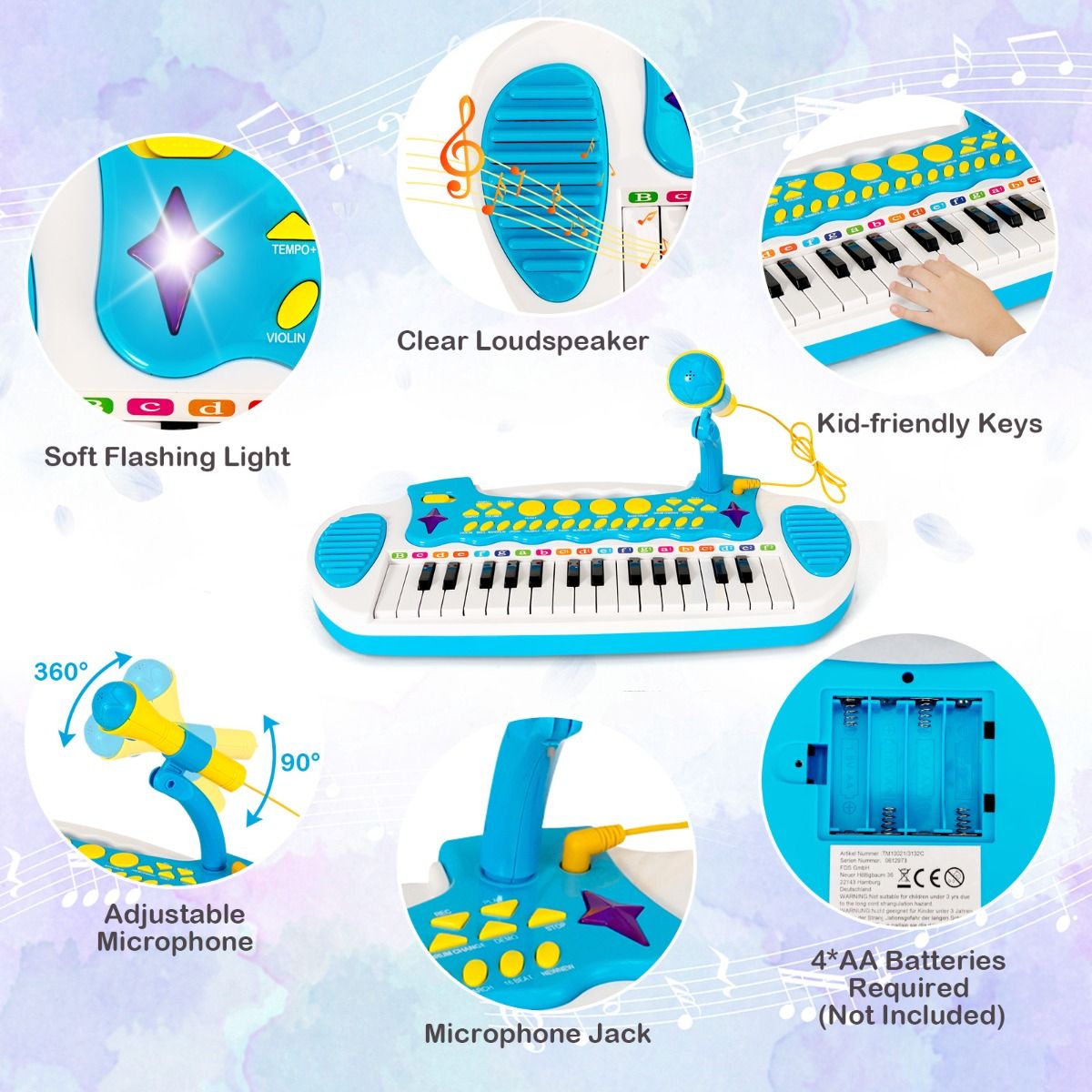 Blue portable 31-key childrens piano keyboard set with microphone and stool for musical learning and play