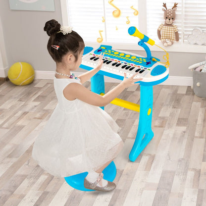 Blue portable 31-key piano keyboard for children includes microphone and stool, perfect for musical playtime and learning