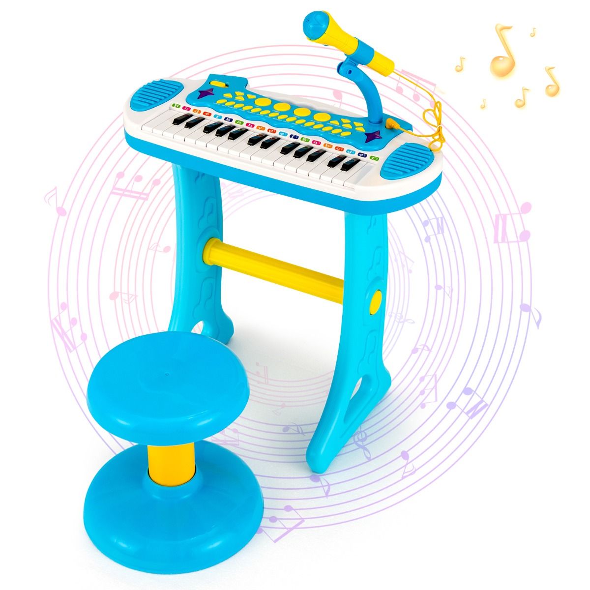 Portable blue 31-key piano keyboard for children includes microphone and stool, encouraging musical exploration and