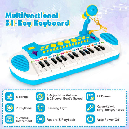 Blue portable 31-key piano keyboard for kids includes microphone and stool, perfect for musical learning and play