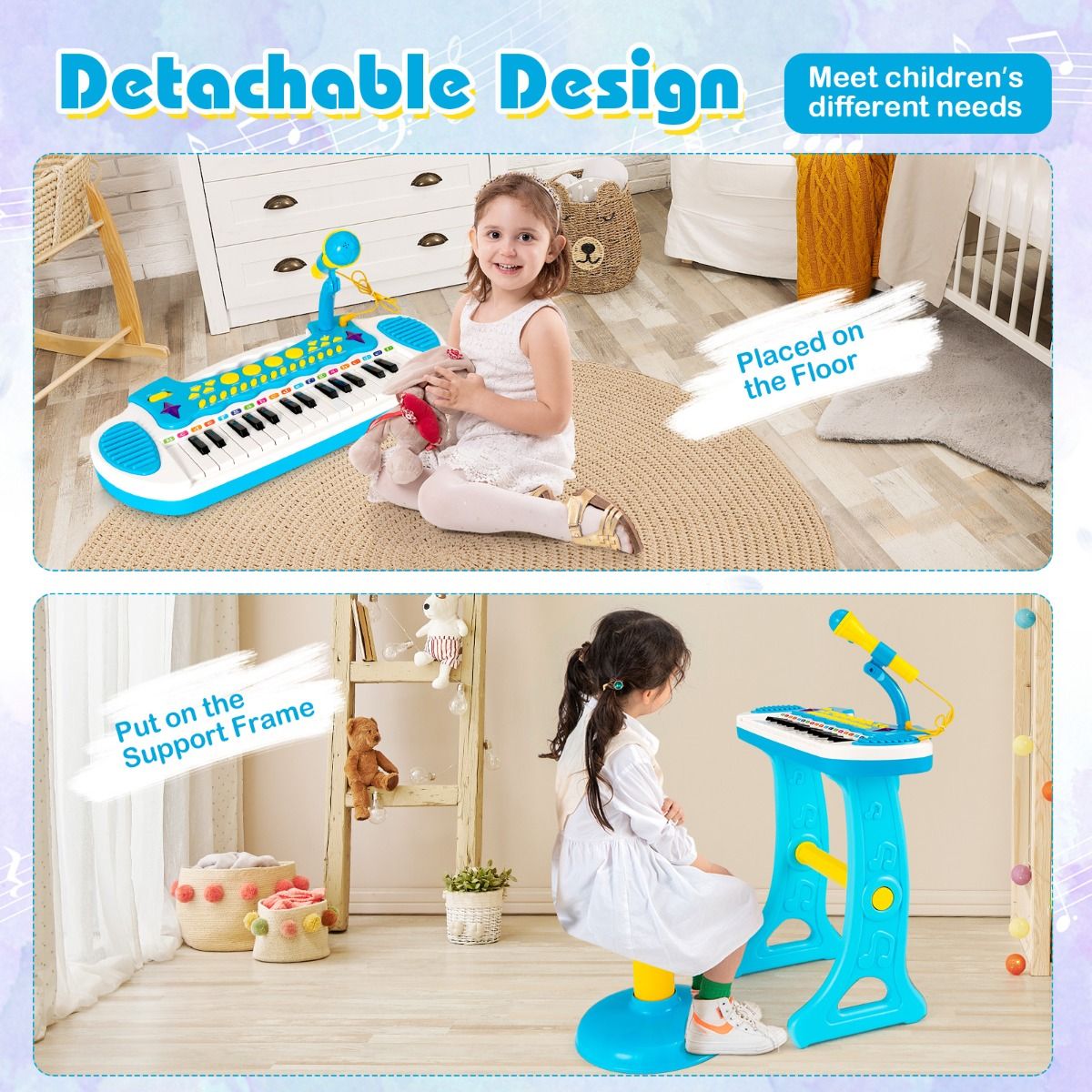 Blue portable 31-key piano keyboard for children includes microphone and stool, perfect for musical exploration and