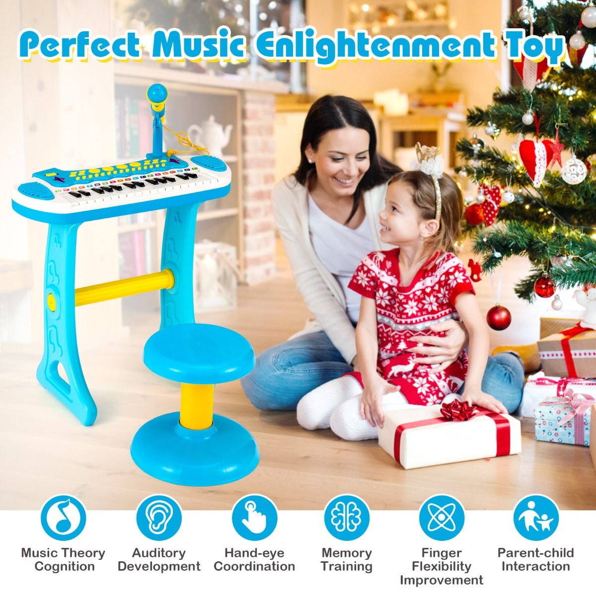 Blue portable 31-key piano keyboard for children includes microphone and stool, perfect for musical play and learning