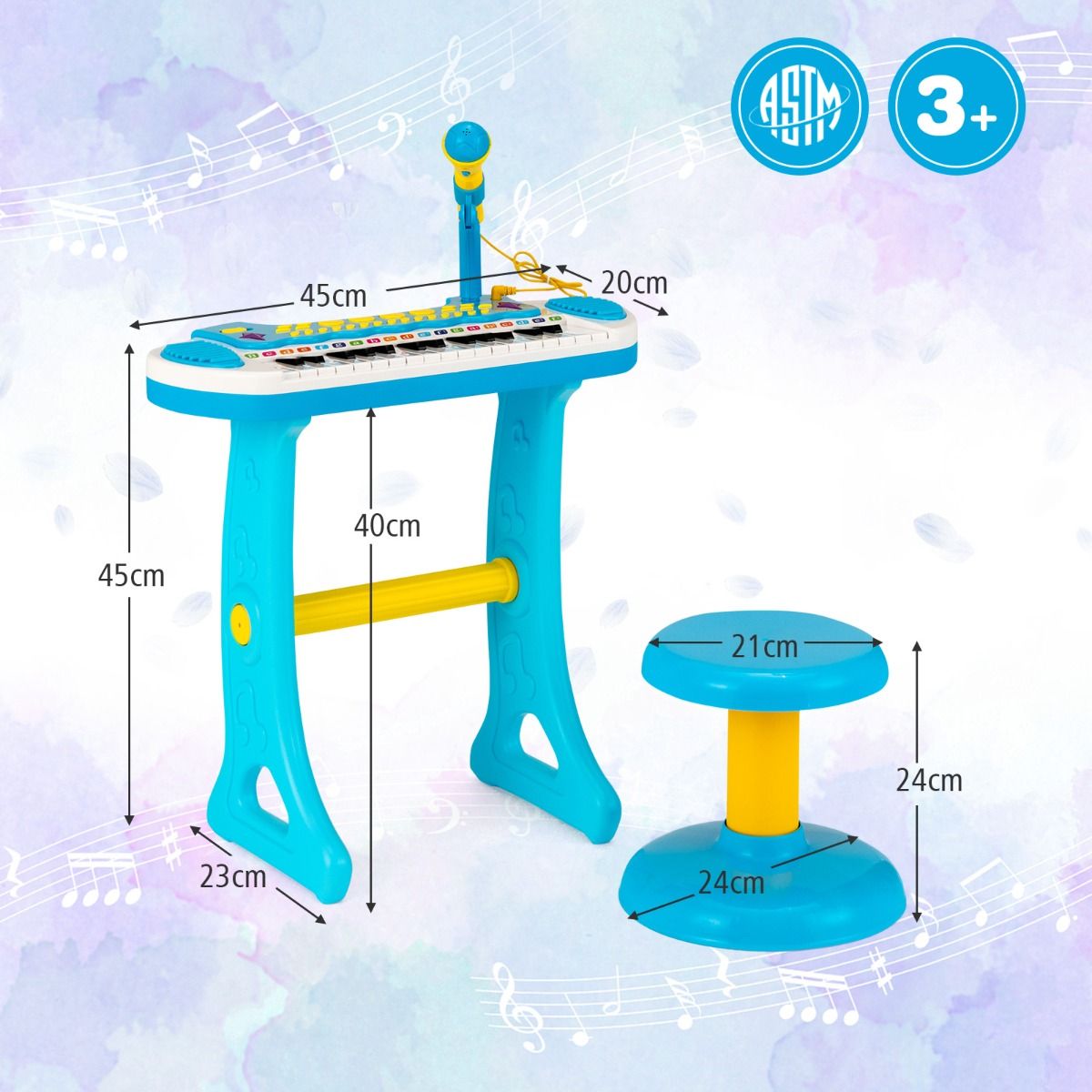 Blue portable 31-key piano keyboard for children includes microphone and stool, perfect for budding musicians