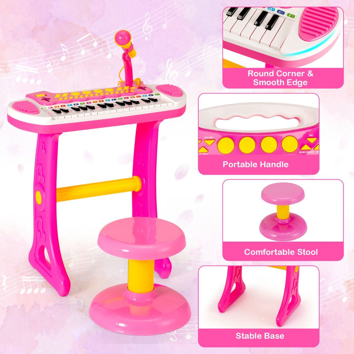 Pink electronic keyboard for children featuring 31 keys and a matching stool for musical learning and play