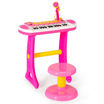 Pink electronic keyboard for children features 31 keys and includes a matching stool for musical play