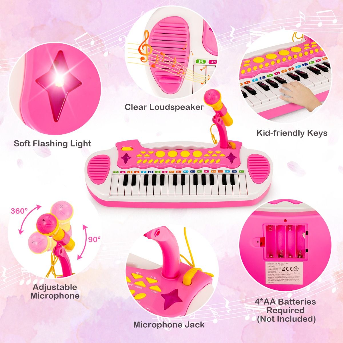 Pink electronic keyboard for children features 31 keys and includes a matching stool for musical play