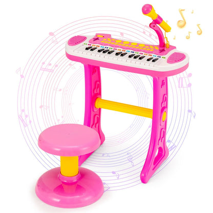 Pink electronic keyboard piano for children features 31 keys and includes a matching stool for musical play