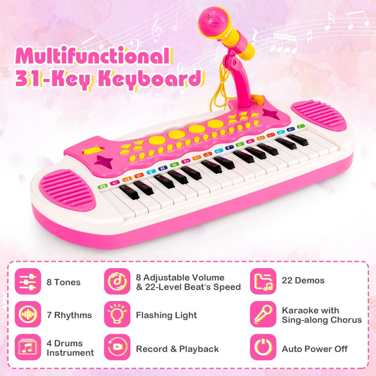 Pink electronic keyboard piano for children includes 31 keys and matching stool for musical play and learning