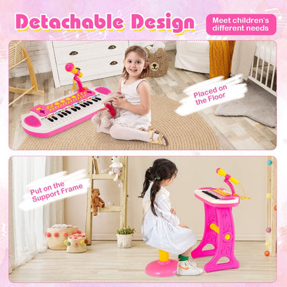 Pink electronic keyboard with 31 keys and matching stool for childrens musical learning and play