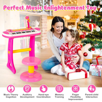 Pink electronic keyboard piano for kids with 31 keys and matching stool, perfect for budding musicians