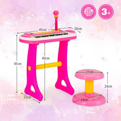 Pink electronic keyboard for children features 31 keys and includes a matching stool for musical play