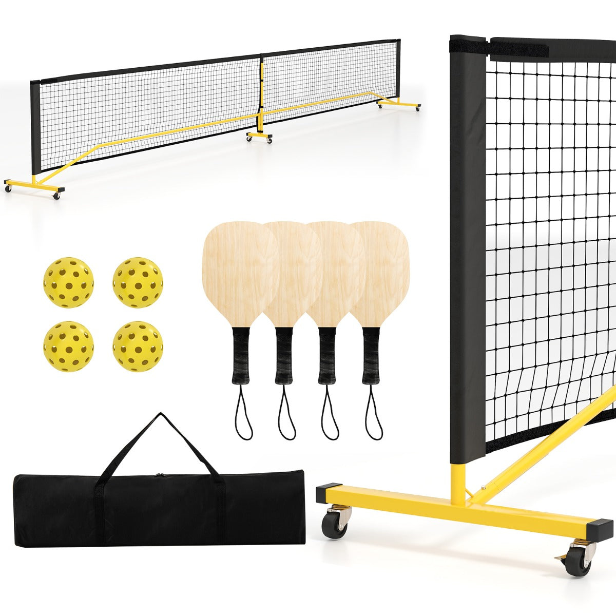 Multicolor Pickleball Net Set | Metal Frame & 4 Wooden Paddles