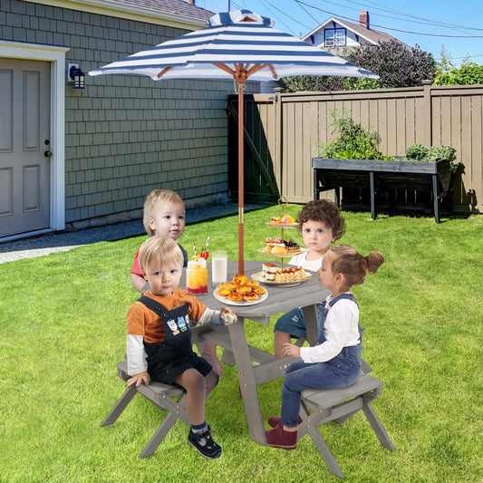 Kids grey octagonal picnic table set with umbrella, perfect for outdoor play and dining.