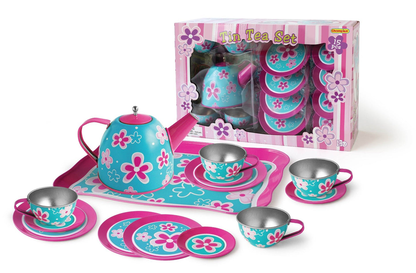 Colorful pink flower design on blue teapot and cups set for kids imaginative tea parties.