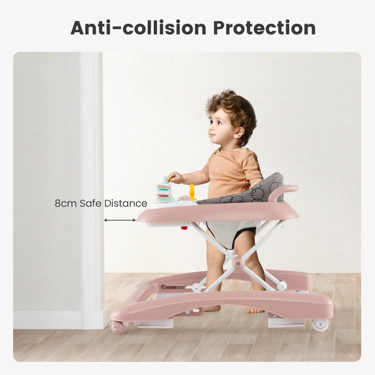 Pink 3-in-1 foldable baby walker offers adjustable height and activity center for home use.