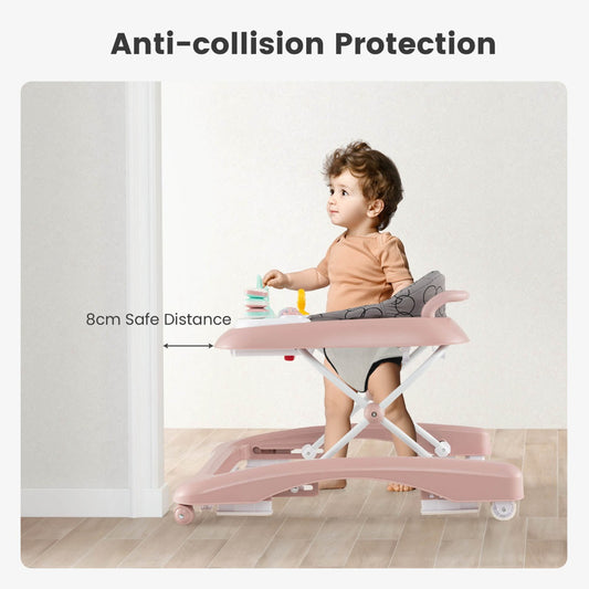 Pink 3-in-1 foldable baby walker offers adjustable height and activity center for home use.