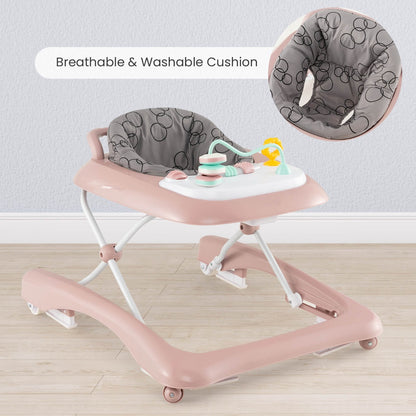 Foldable pink baby walker with height adjustment and activity center for home playtime.