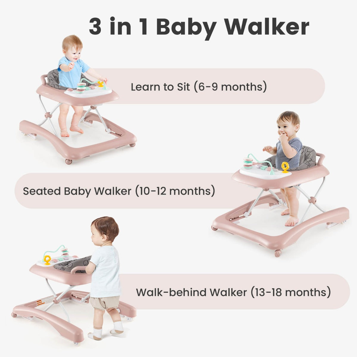 Foldable pink baby walker with adjustable height and activity center for versatile playtime.