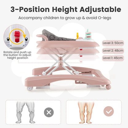 Pink 3-in-1 baby walker with height adjustment and activity center for interactive play.