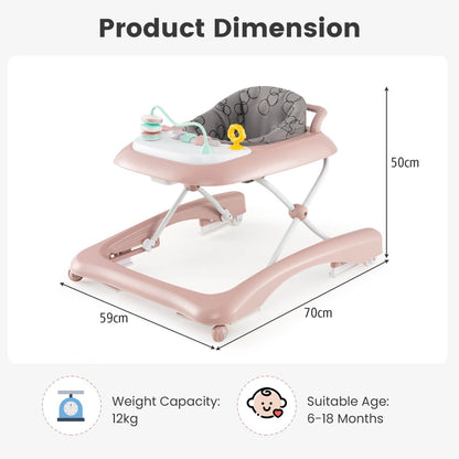 Pink 3-in-1 baby walker with adjustable height and activity center; promotes development and mobility.