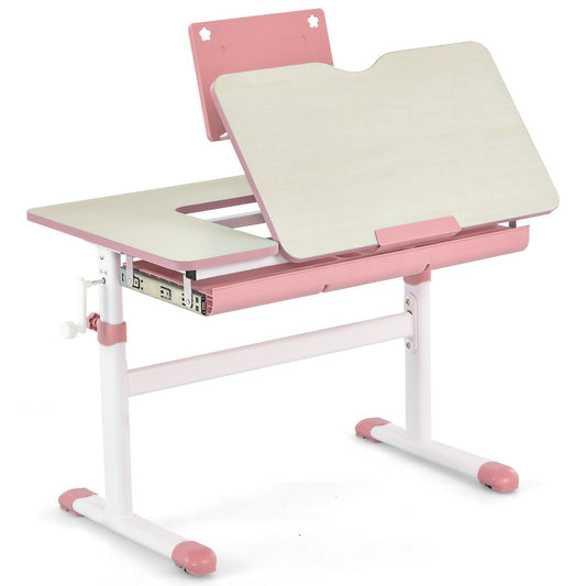 Height-adjustable pink study desk with tilting desktop and storage, perfect for kids learning space.