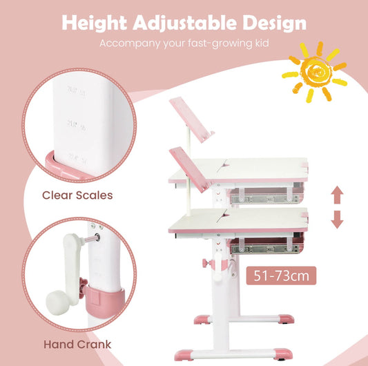 Height-adjustable pink study desk with tilting desktop and storage for kids productive learning.