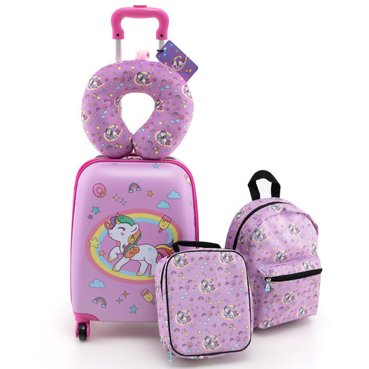 Pink 5-piece kids travel set with suitcase, backpack, lunch bag, pillow, and name tag.