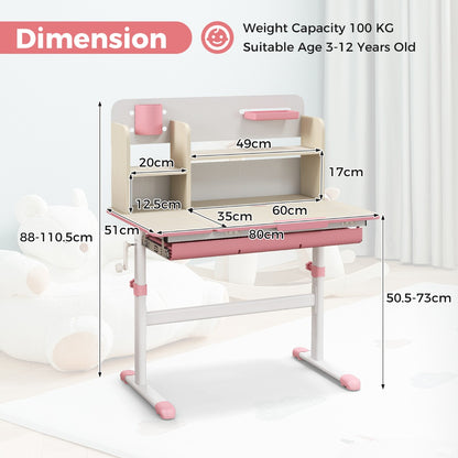 Pink Height Adjustable Kids Desk | Tilt Desktop 0-60° Ages 3-12