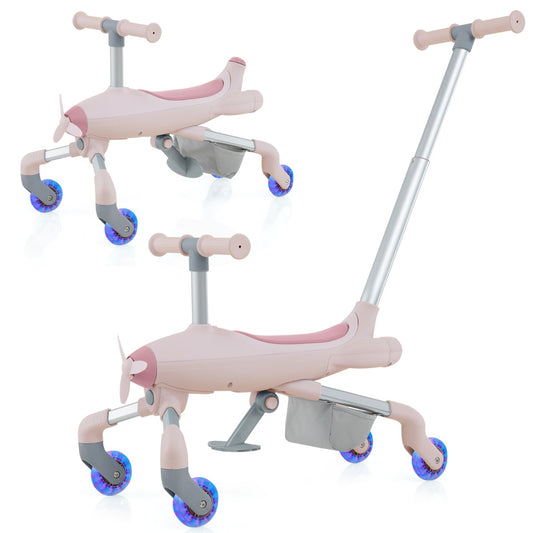 Pink plane design 2-in-1 kids ride on push car with LED wheels for home fun.