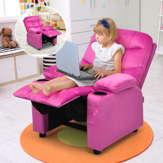 Kids pink velvet recliner chair with cup holders, ideal for ages 3 and up.