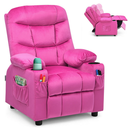 Kids pink velvet recliner with cup holders, ideal for ages 3+, adds cozy seating at home.