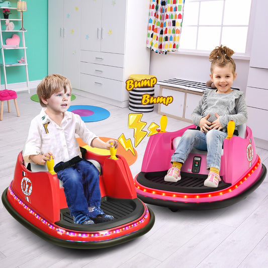 Compact 12V pink electric bumper car for kids with remote control, perfect for home play.