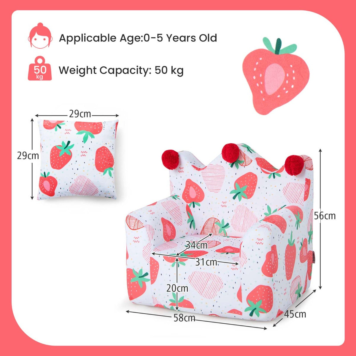 Strawberry Crown Kids Sofa | Soft Velvet Toddler Chair