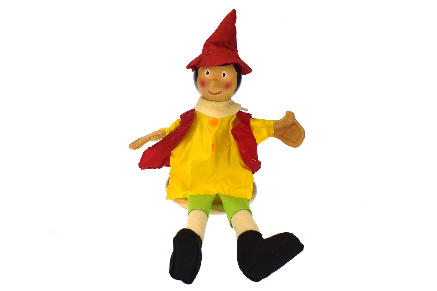 Interactive Pinocchio hand puppet toy with movable limbs for creative play at home.