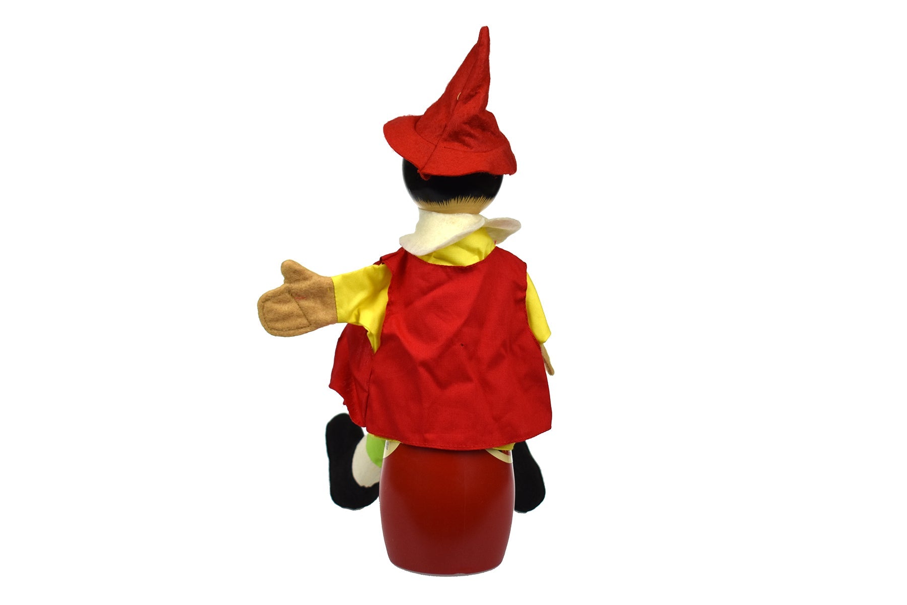 Colorful Pinocchio hand puppet toy for imaginative play by kids at home.