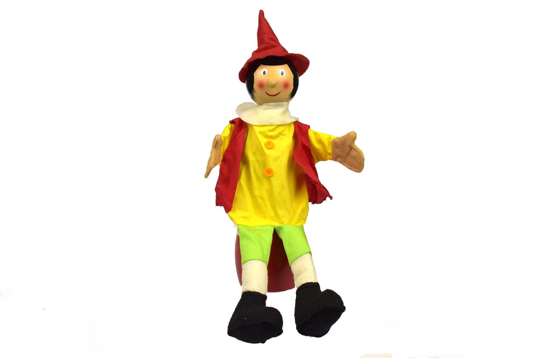 Colorful Pinocchio hand puppet toy for interactive storytelling and imaginative play at home.