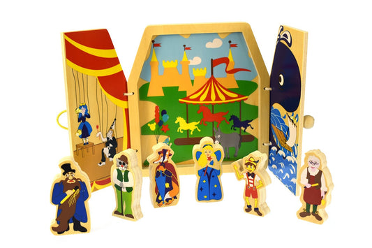 Pinocchio wooden book play set for imaginative storytelling, perfect for childrens creative play.